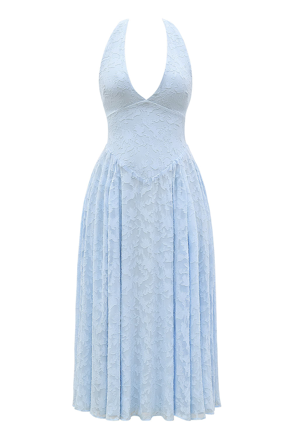 Arietta™ | Blue Jacquard Halter Midi Dress