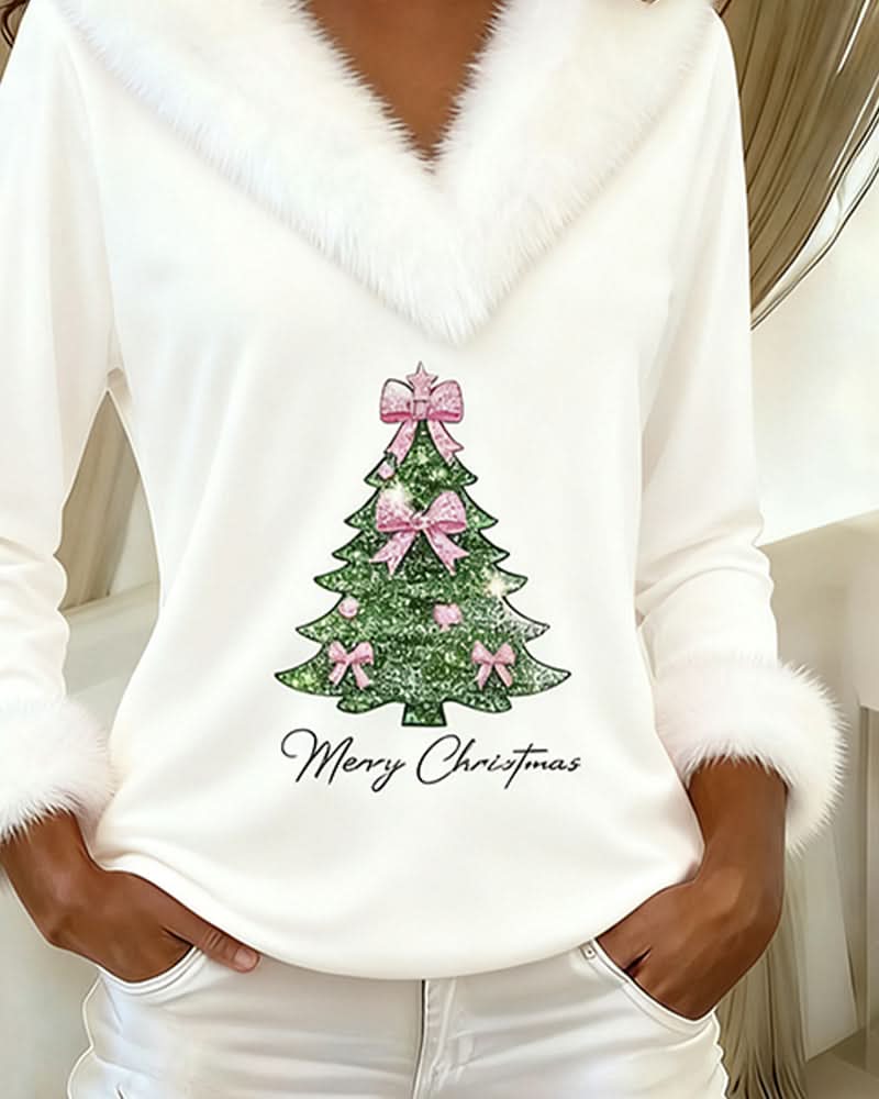 Houx | Haut de fête à col en V imprimé sapin de Noël