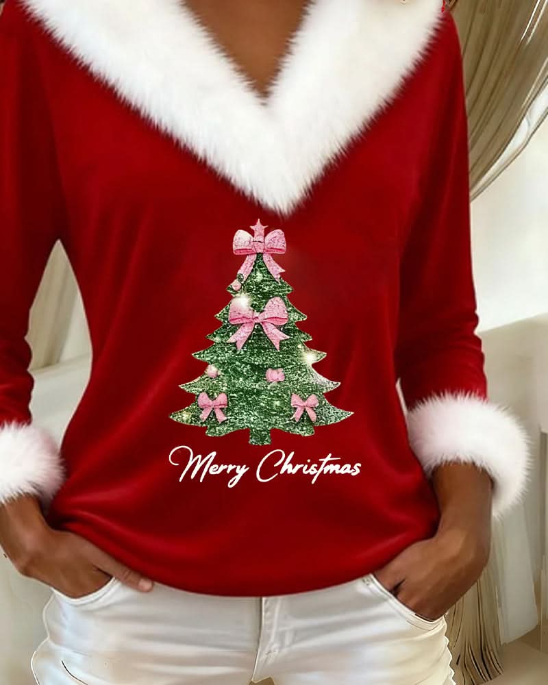 Houx | Haut de fête à col en V imprimé sapin de Noël
