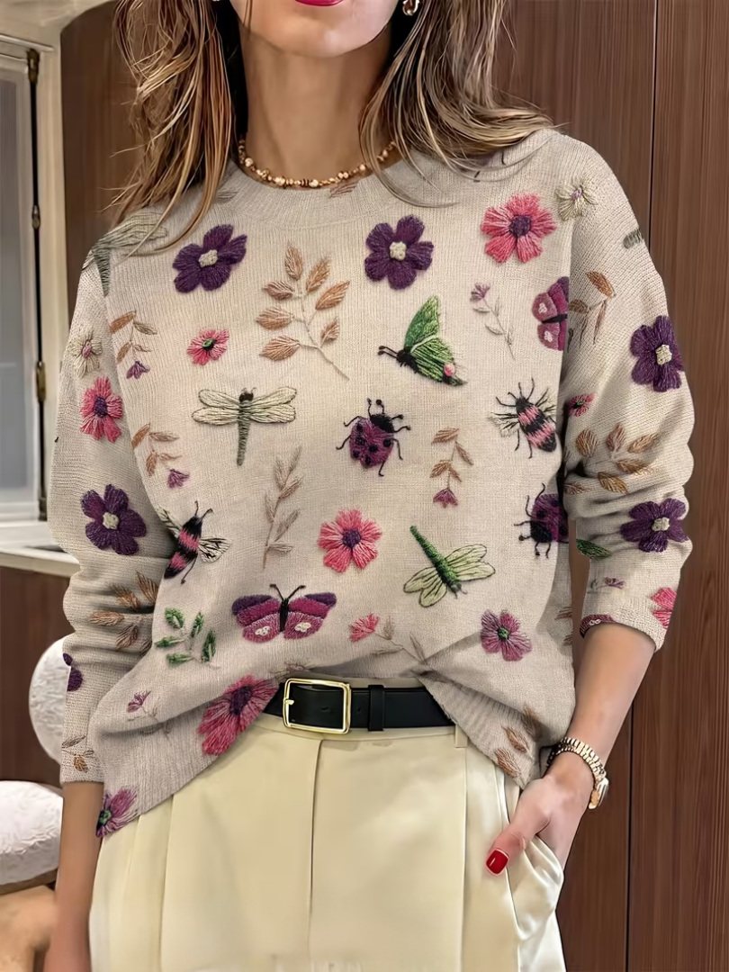 Hazel | Pull en maille à imprimé floral naturel