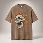 T-shirt oversize délavé à motif tête de mort enflammée