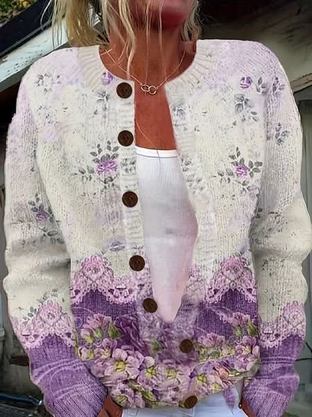Hailey | Gilet en maille fleurie vintage ouvert sur le devant