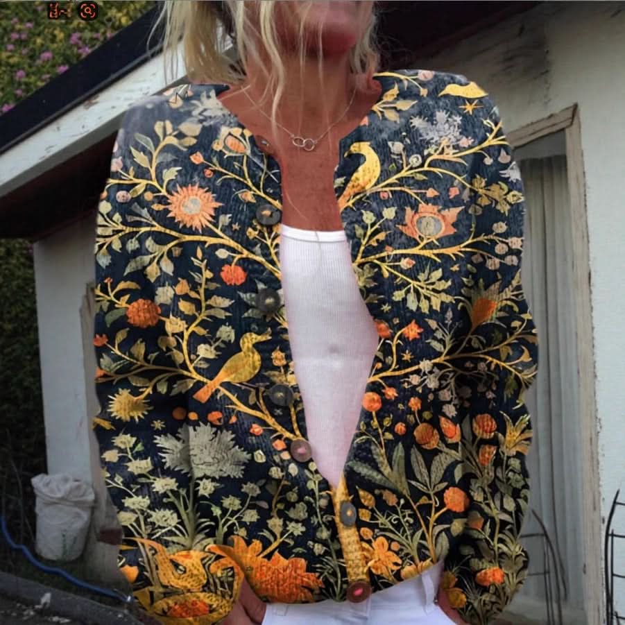 Hailey | Gilet en maille fleurie vintage ouvert sur le devant