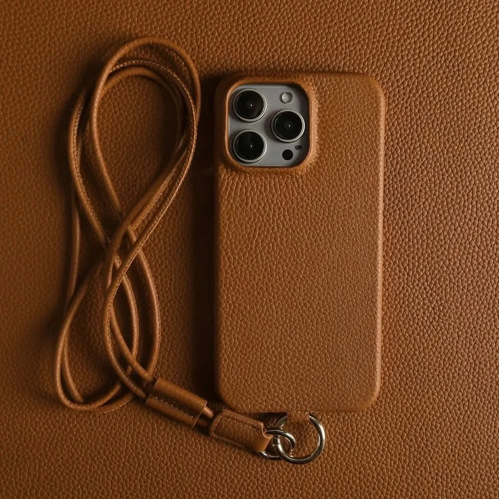 Funda bandolera para iPhone de cuero genuino vacuno