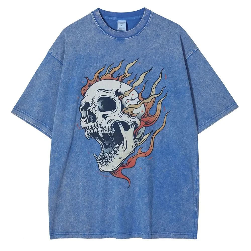 T-shirt oversize délavé à motif tête de mort enflammée