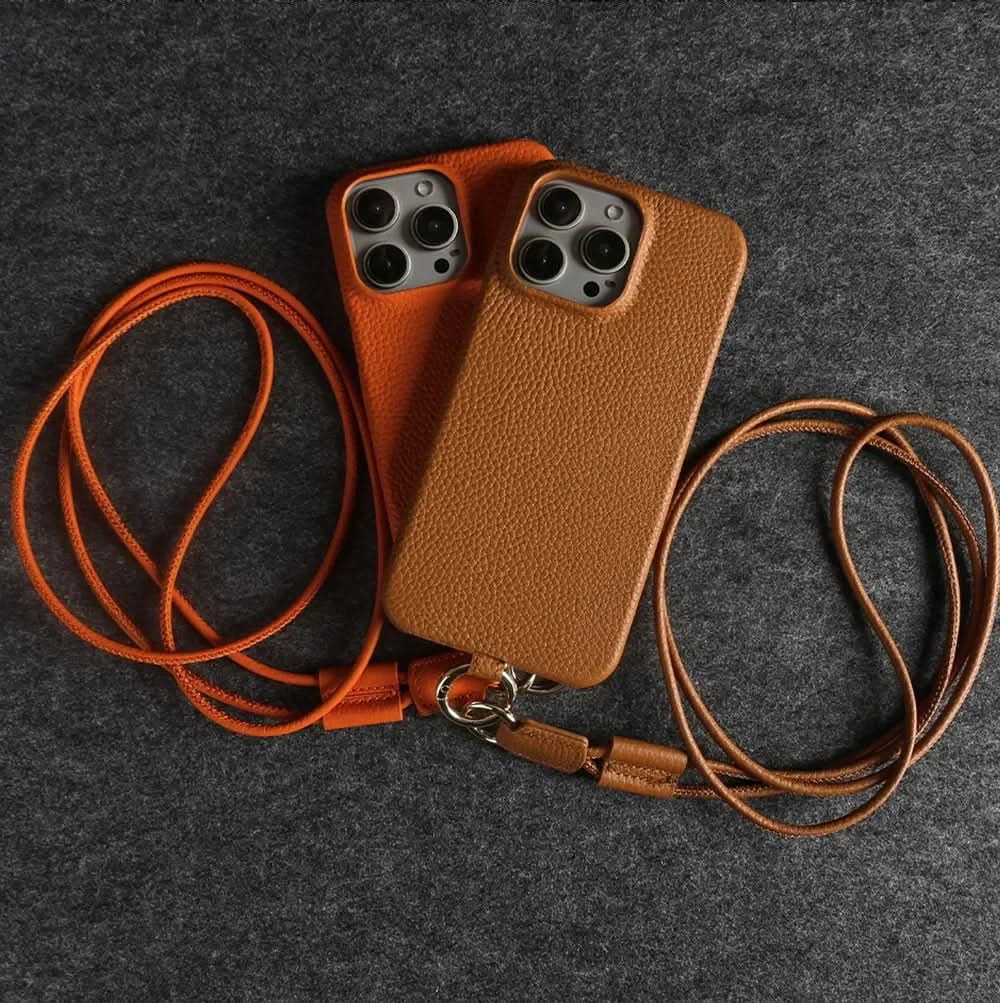 Funda bandolera para iPhone de cuero genuino vacuno