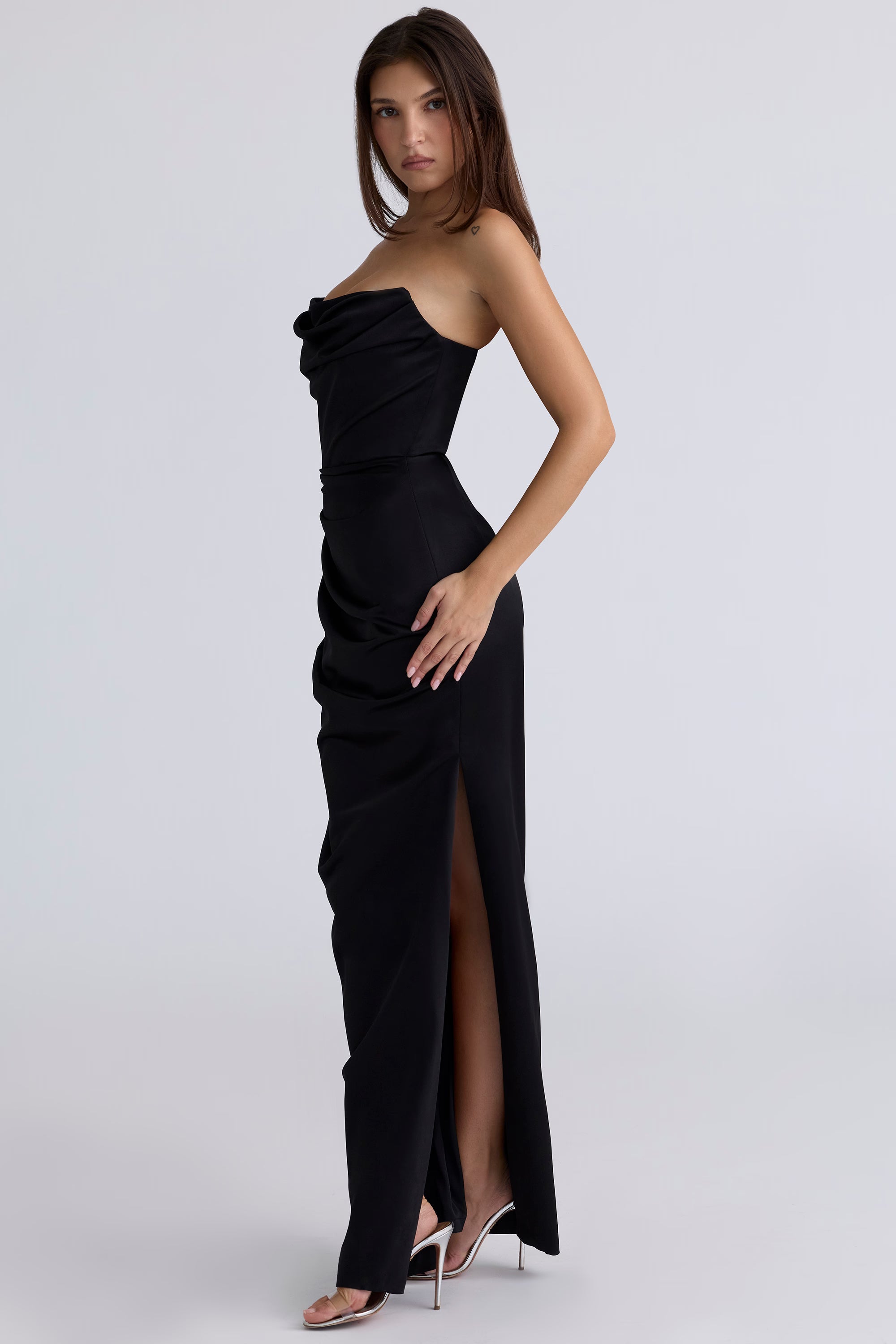 Adrienne™ | Black Satin Corset Maxi Dress