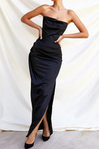 Adrienne™ | Black Satin Corset Maxi Dress