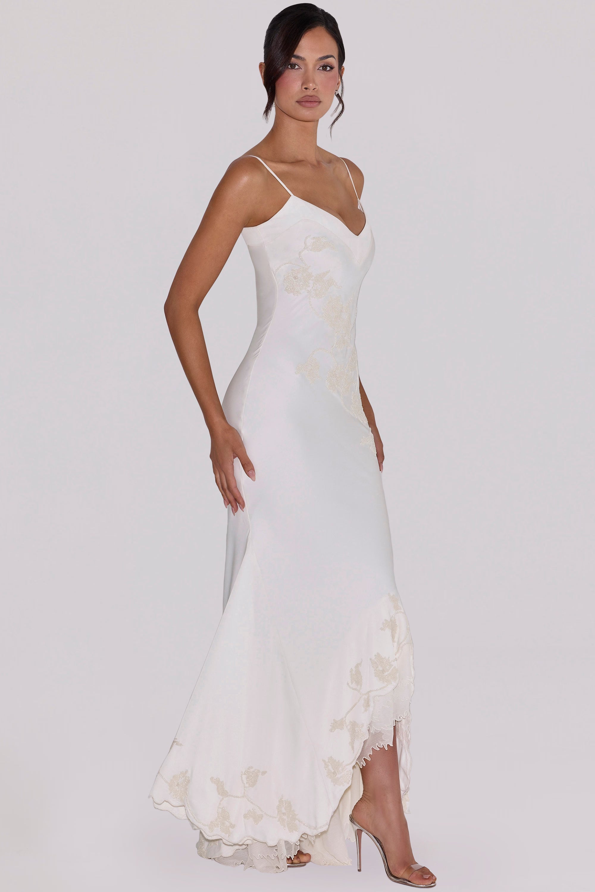 Anastelle™ | Ivory Hand Beaded Satin Maxi Dress