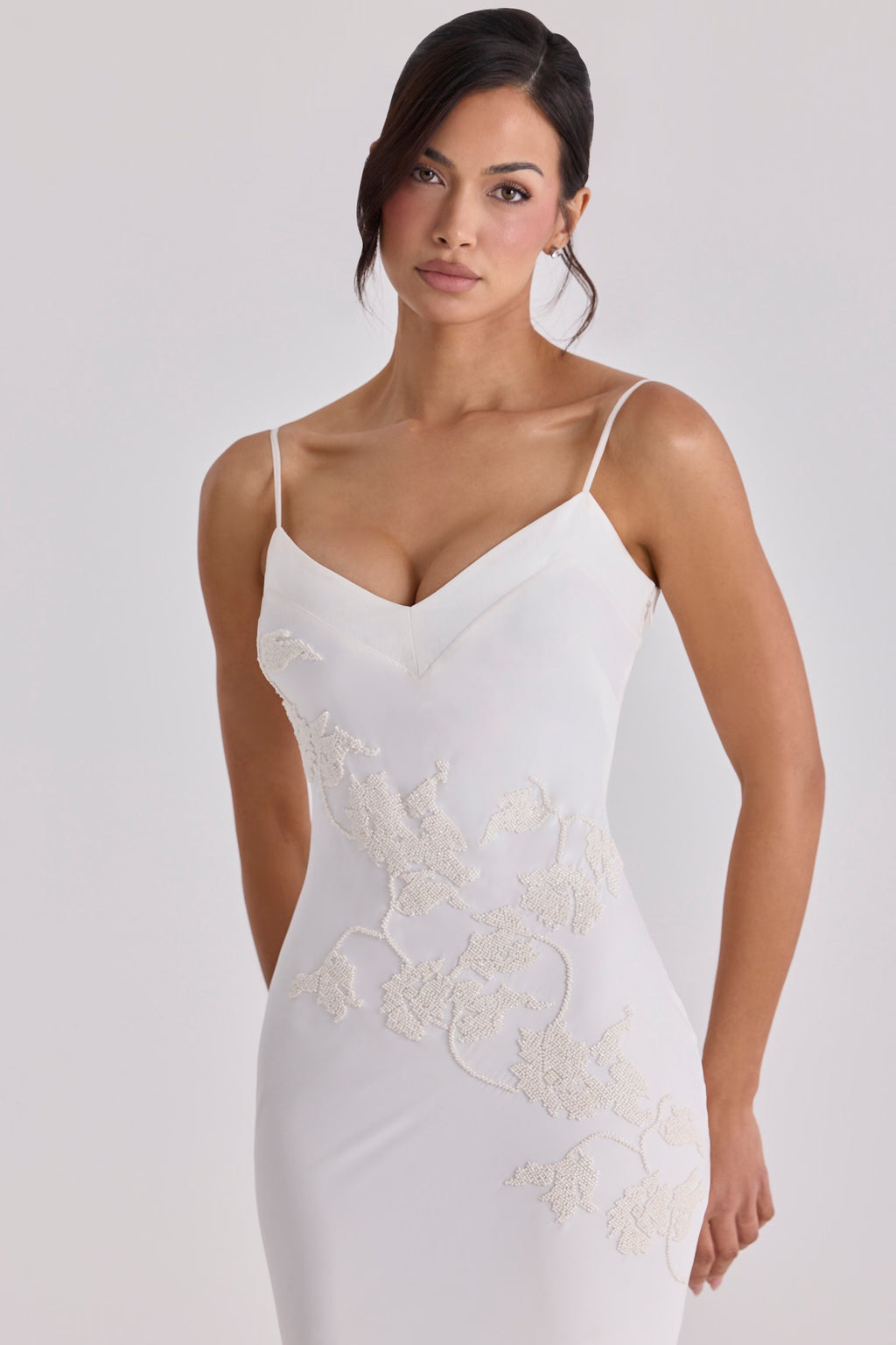 Anastelle™ | Ivory Hand Beaded Satin Maxi Dress