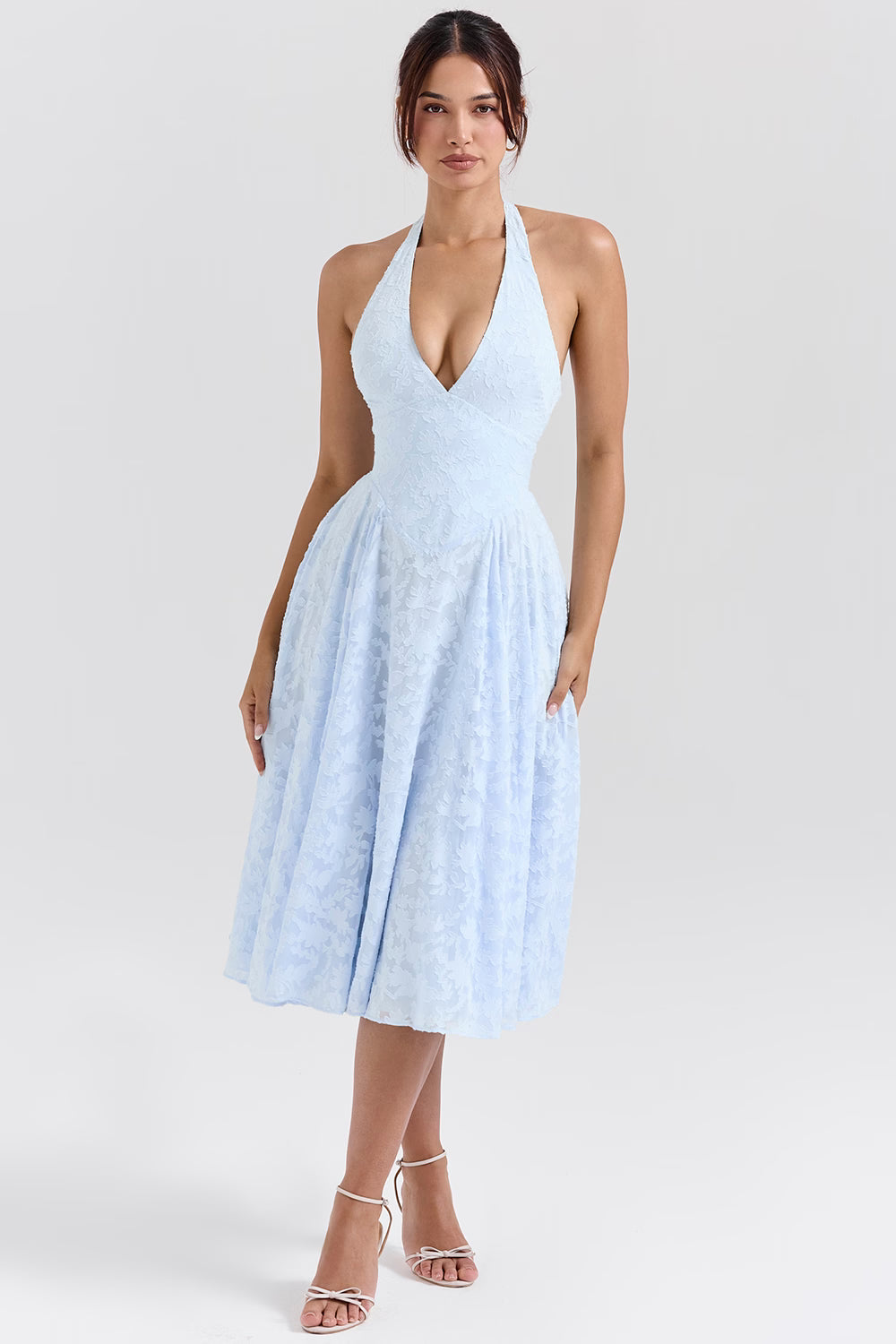 Arietta™ | Blue Jacquard Halter Midi Dress