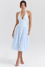 Arietta™ | Blue Jacquard Halter Midi Dress