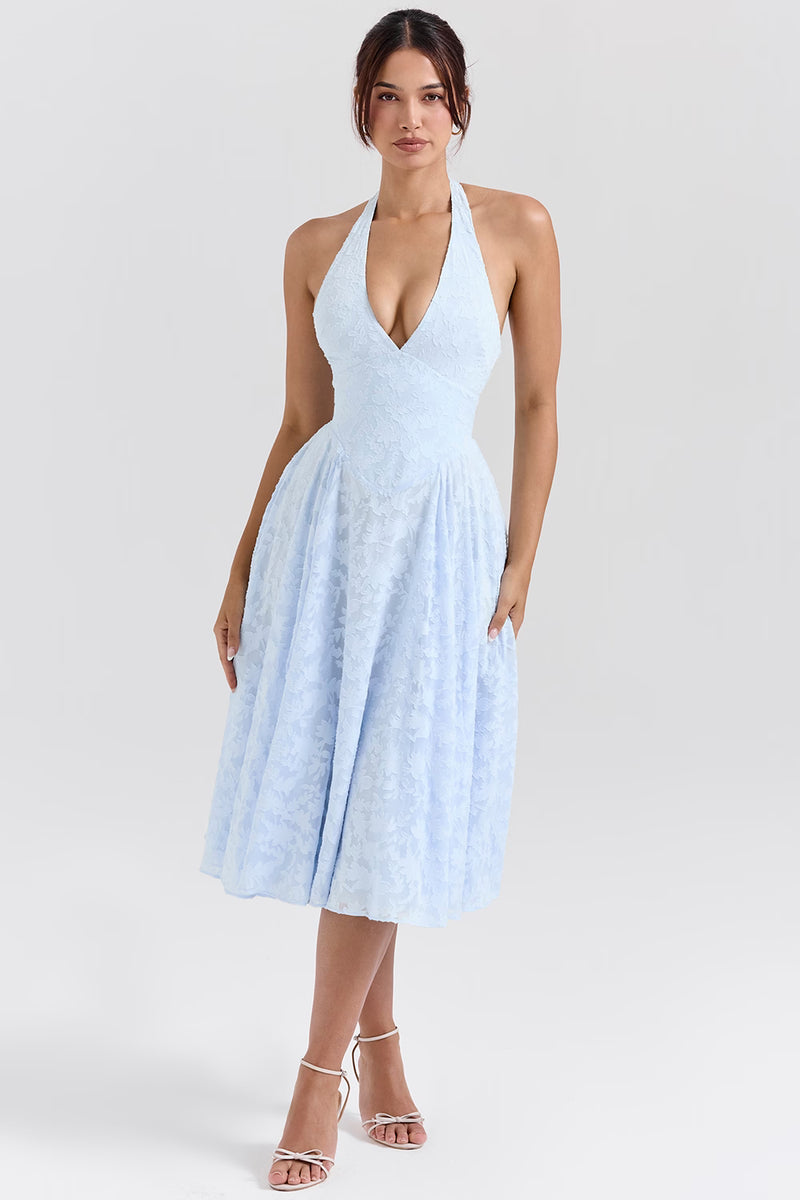 Arietta™ | Blue Jacquard Halter Midi Dress