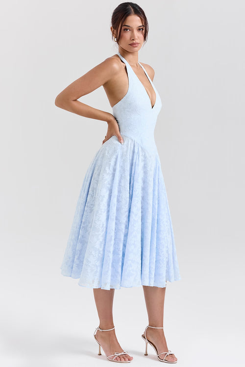 Arietta™| vestido midi jacquard floral de campanilla halter