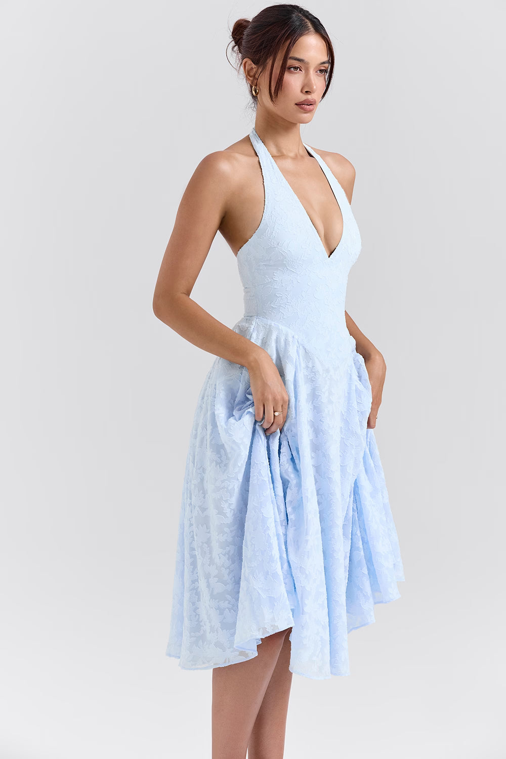 Arietta™ | Blue Jacquard Halter Midi Dress