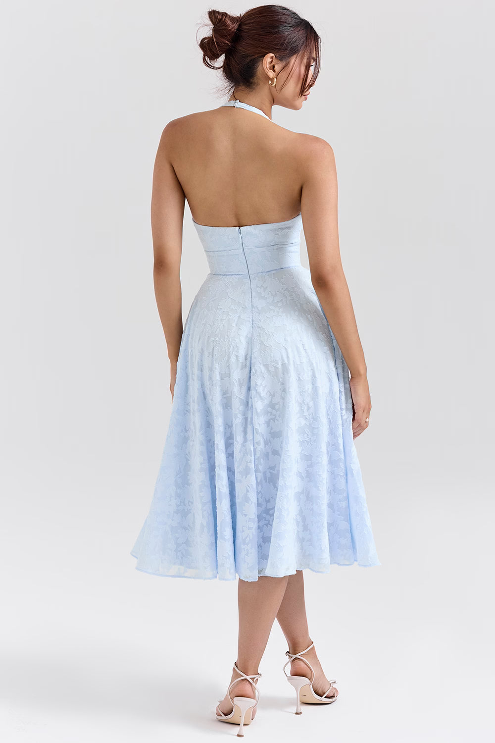 Arietta™ | Blue Jacquard Halter Midi Dress