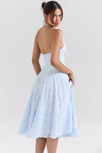 Arietta™ | Blue Jacquard Halter Midi Dress