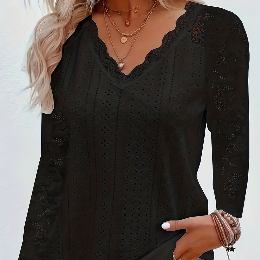 Nicole | Top de manga larga con cuello de pico y detalles de encaje