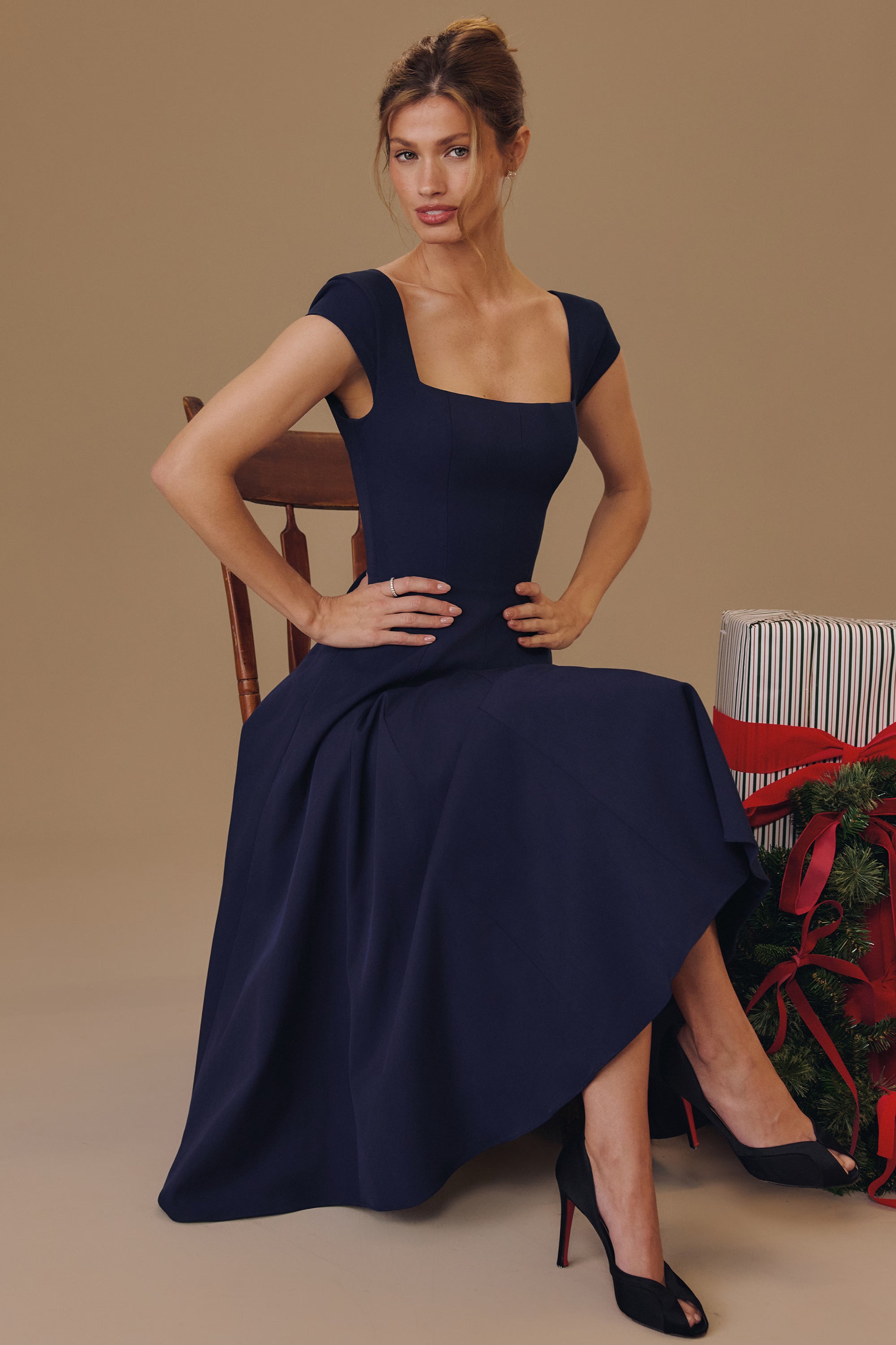 Raisa™ | Navy Lace-Back Corseted Midi Dress