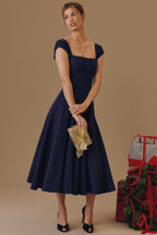 Robe mi-longue en sergé à dos en dentelle Raisa™| marine