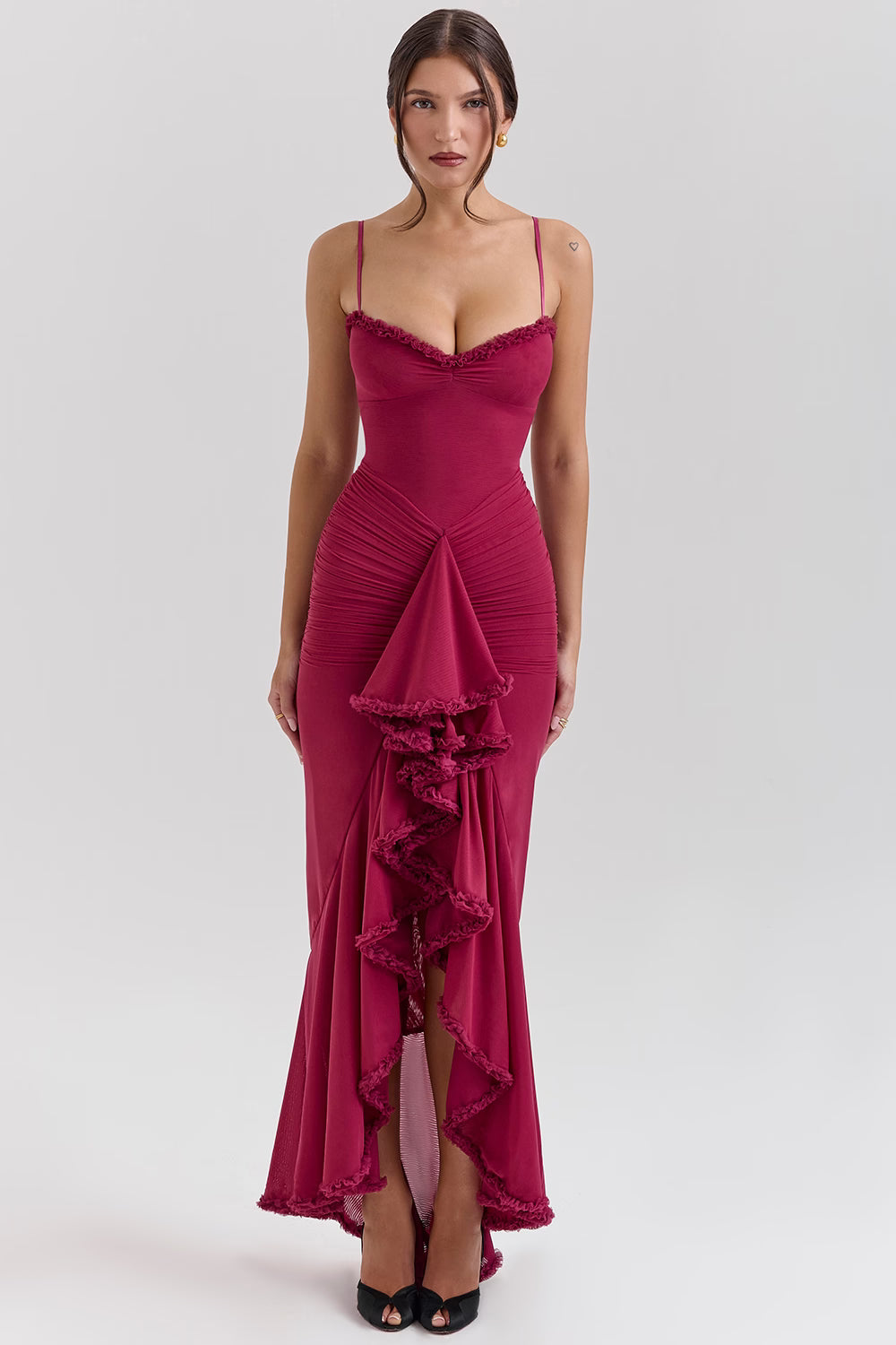 Gabbi™ | Wine Ruffle Front Maxi Gown