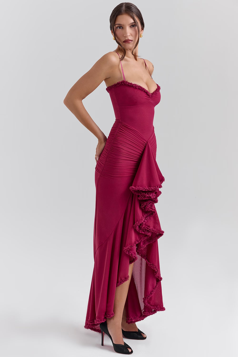 Gabbi™ | Wine Ruffle Front Maxi Gown