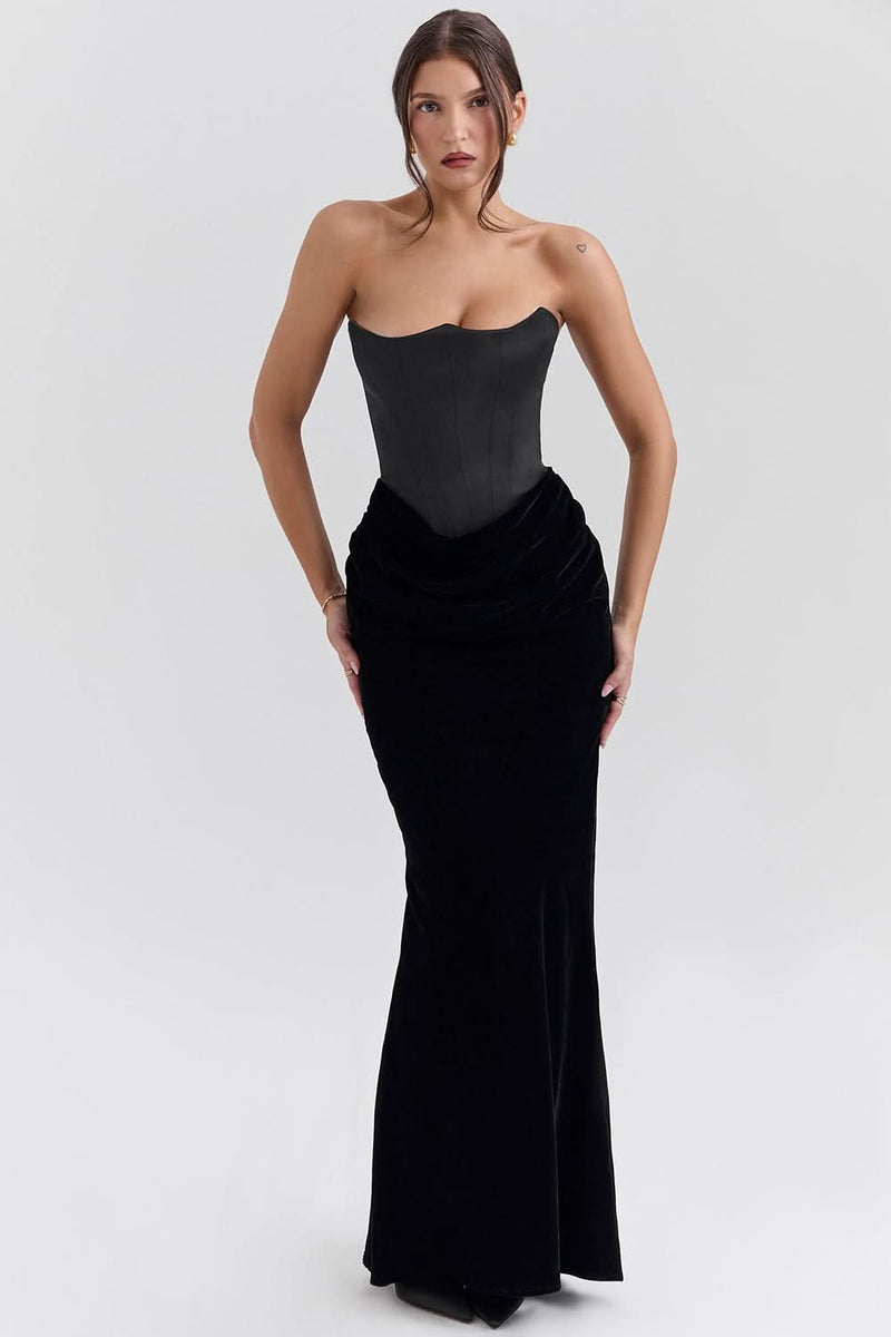 Adrienne™ | Black Satin Corset Maxi Dress