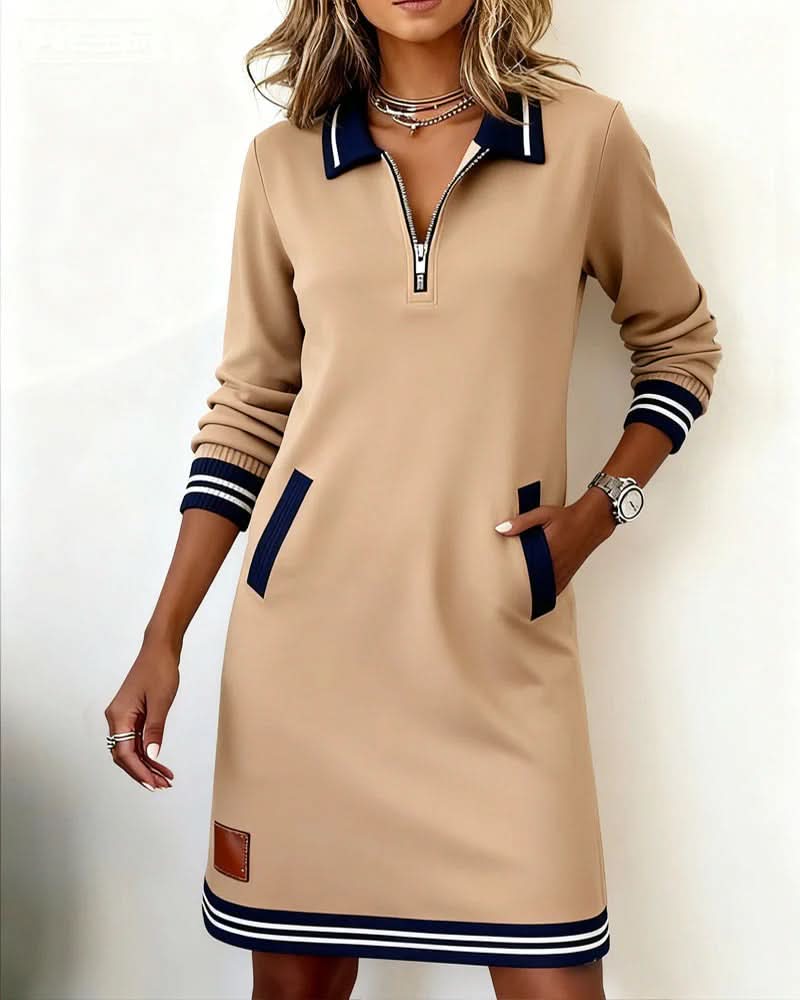 Eliana | Robe mi-longue rayée élégante à col zippé