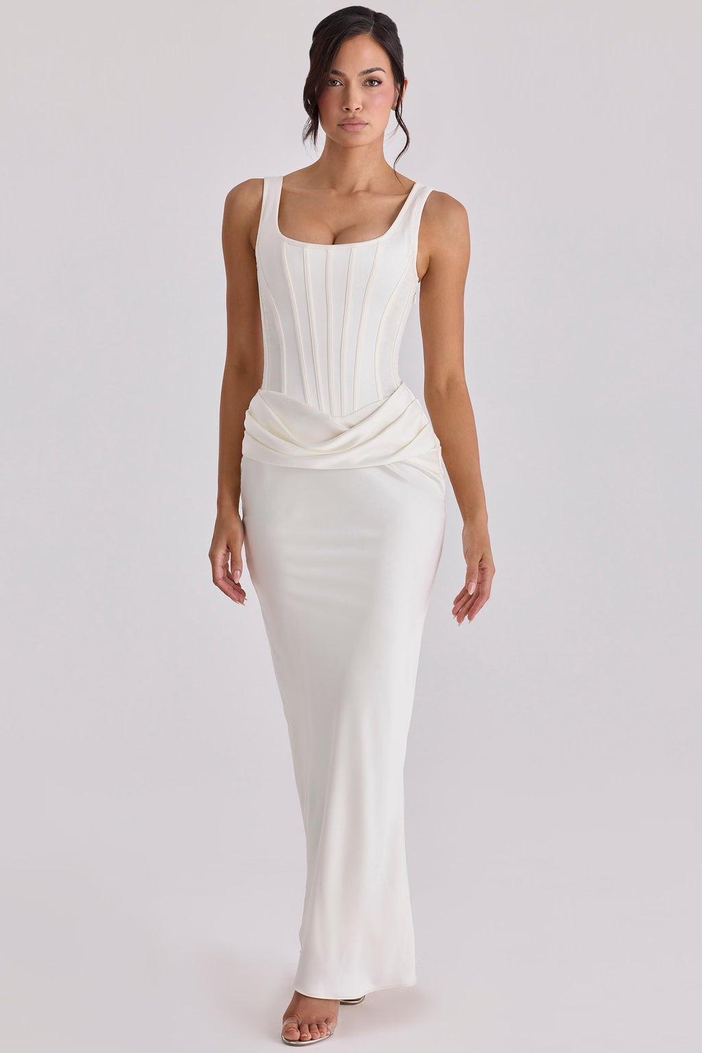 Kira™ | Ivory Satin Boned Hourglass Maxi Dress