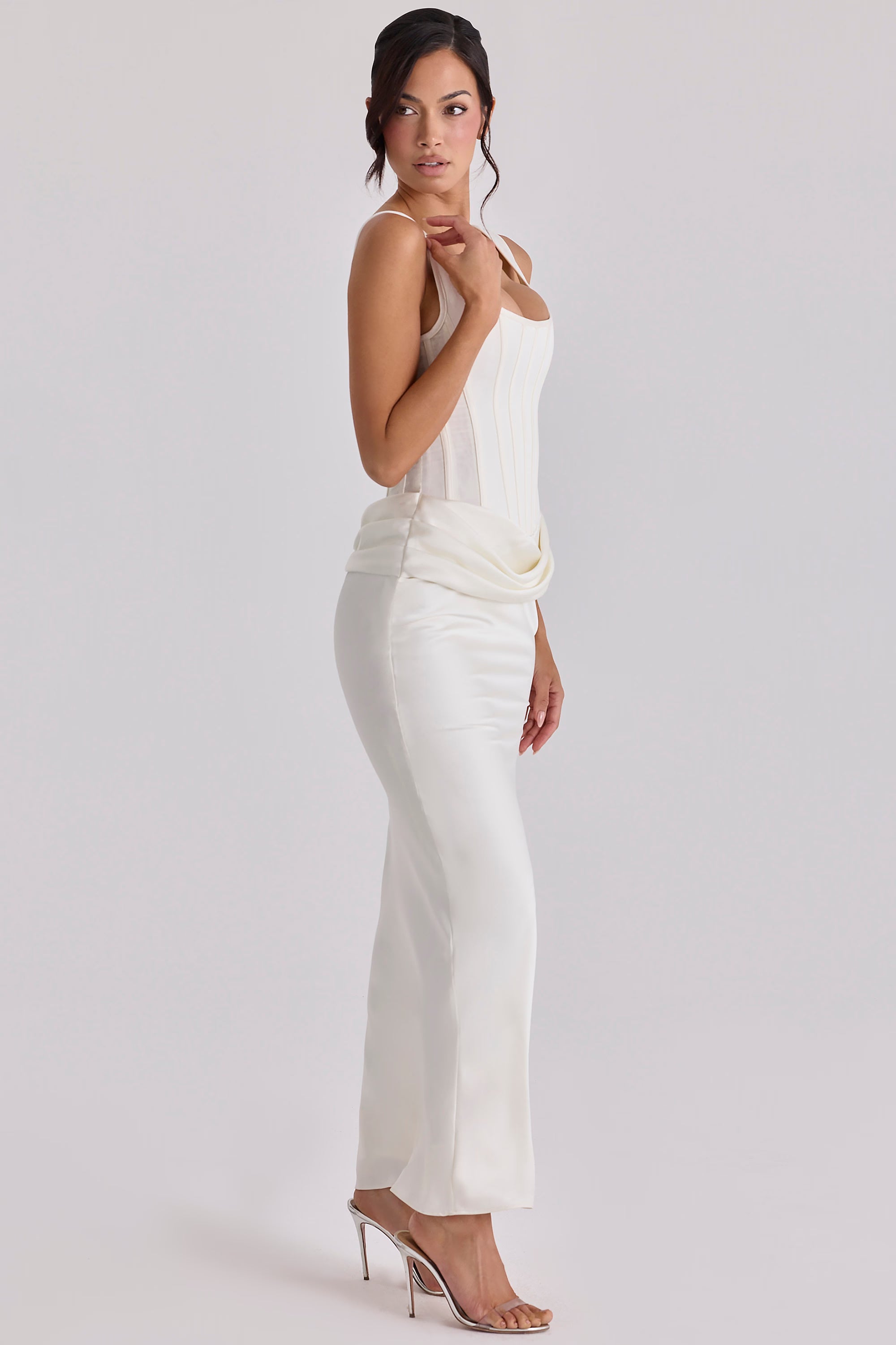 Kira™ | Ivory Satin Boned Hourglass Maxi Dress