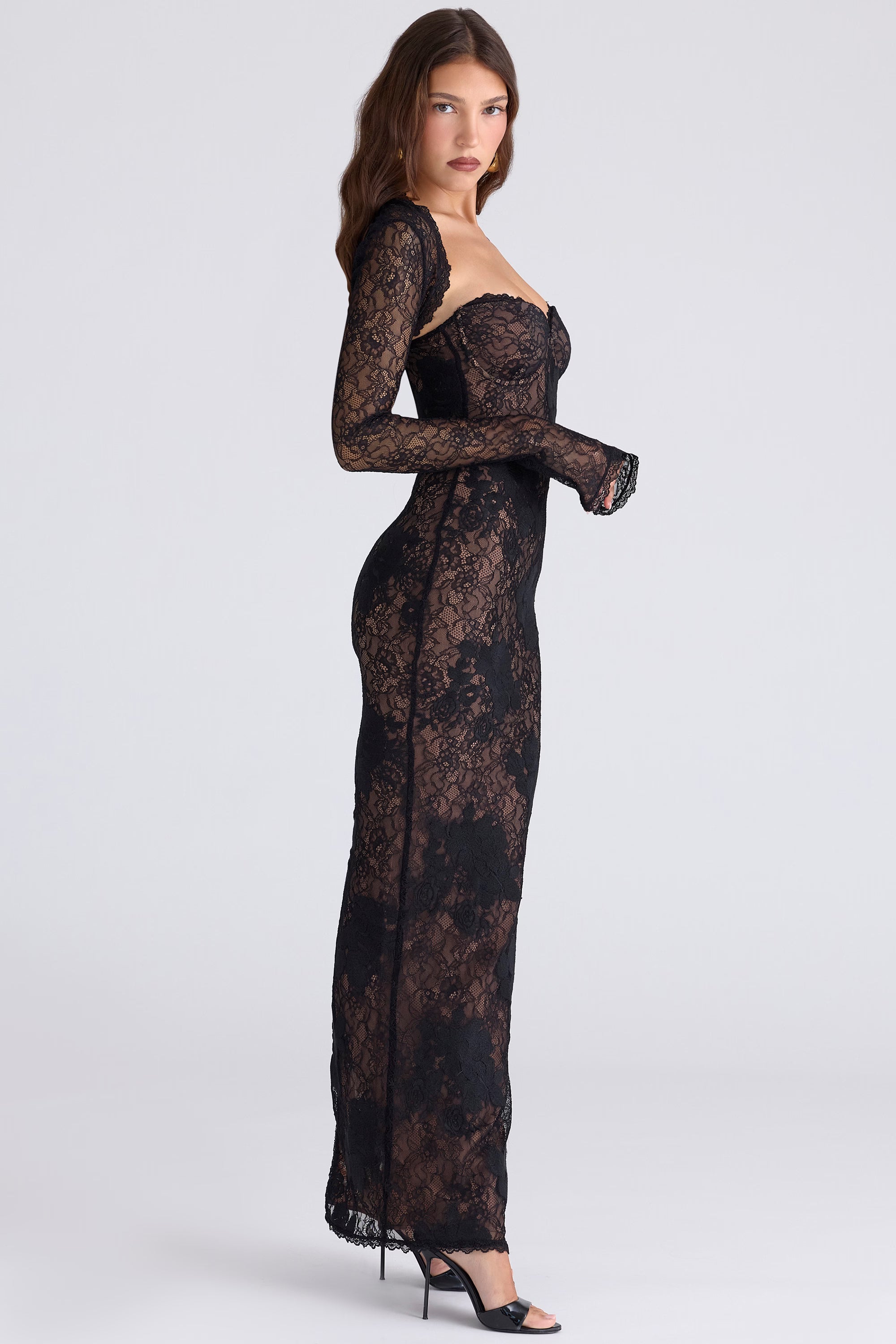 Lucienne™ | Black Lace Corset Maxi Dress