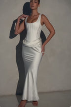 Kira™ | Ivory Satin Boned Hourglass Maxi Dress