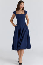 Robe mi-longue en sergé à dos en dentelle Raisa™| marine