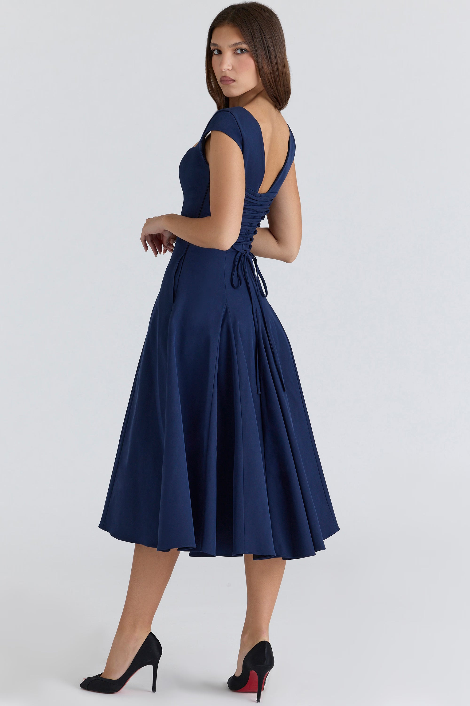 Raisa™ | Navy Lace-Back Corseted Midi Dress